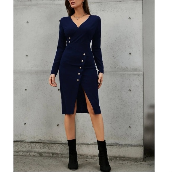 Boho navy blue button detail asymmetrical hem wrap dress - Picture 12 of 14